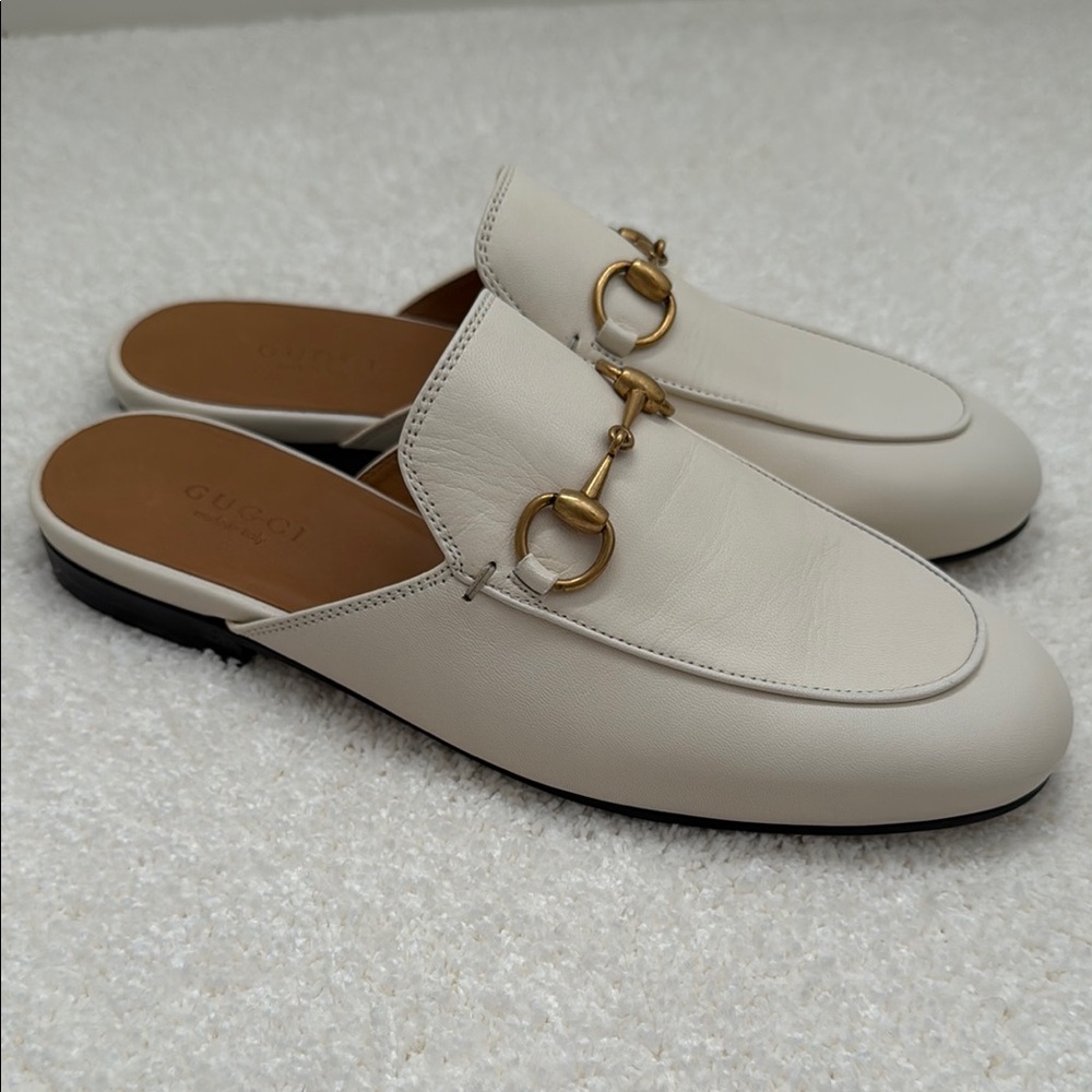 Gucci Malaga Kid Cream Leather Mules Mysitc White